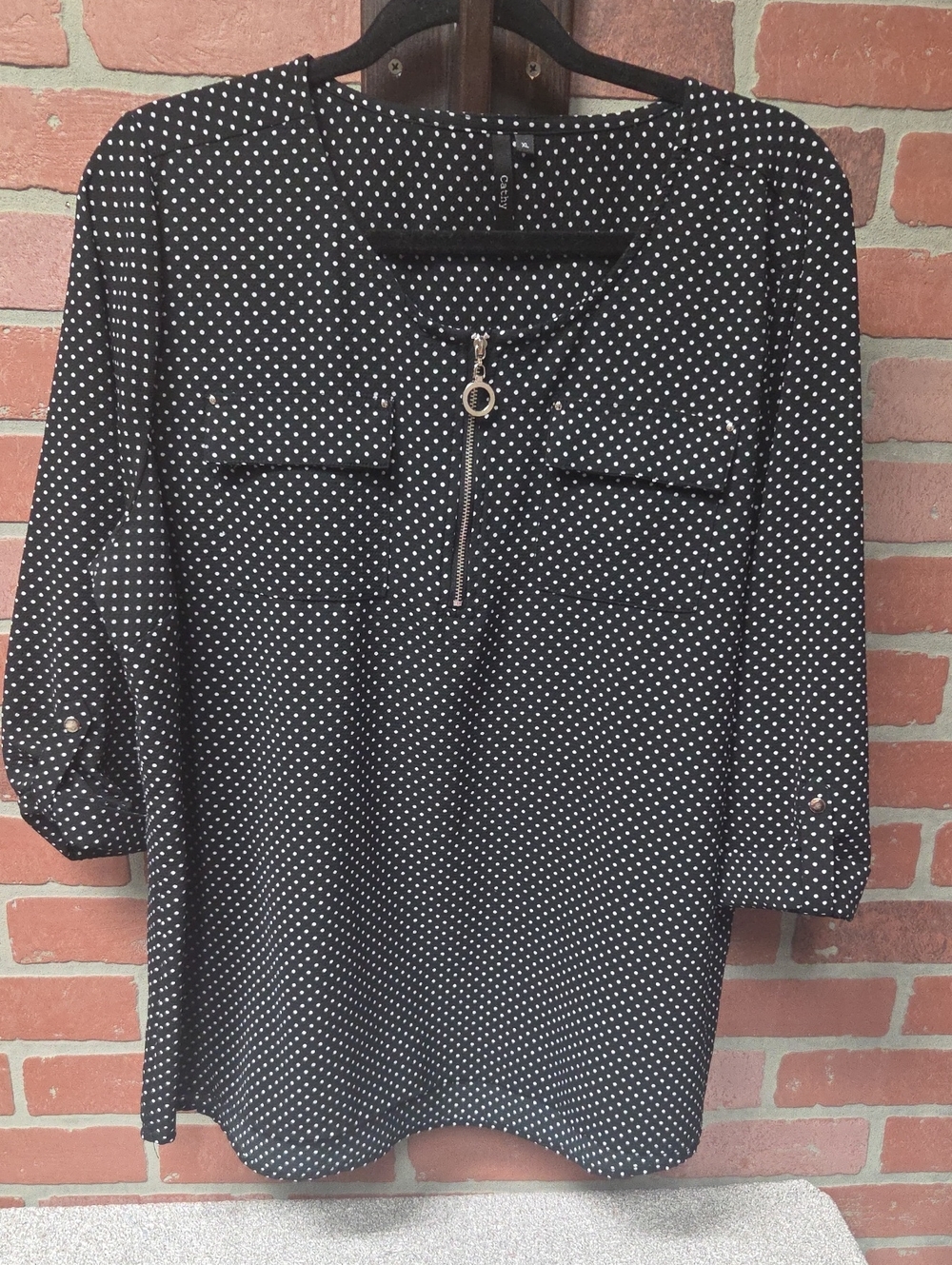 Polka Dot Zip-Front Blouse - Black/White Cathy Xl